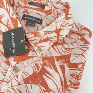 NWT Eddie Bauer Men's L Hawaiian Shirt Coral White Floral Cotton Short Sleeve